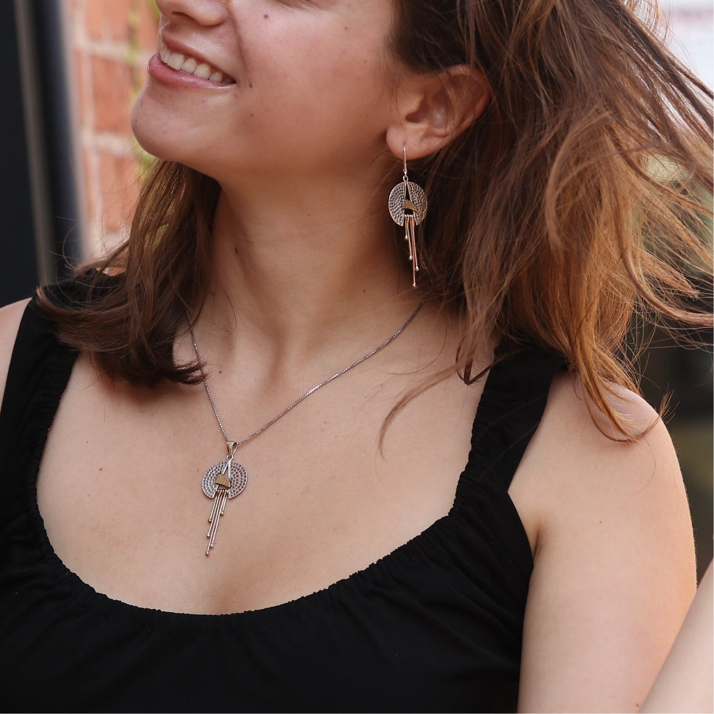 Mixed Metal Split Circle Dangle Necklace