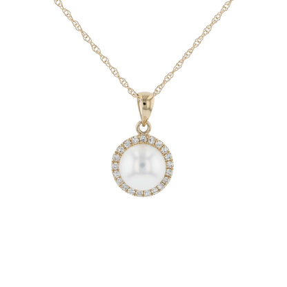 Yellow Gold Pearl & Diamond Halo Pendant