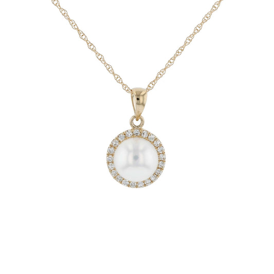 Yellow Gold Pearl & Diamond Halo Pendant