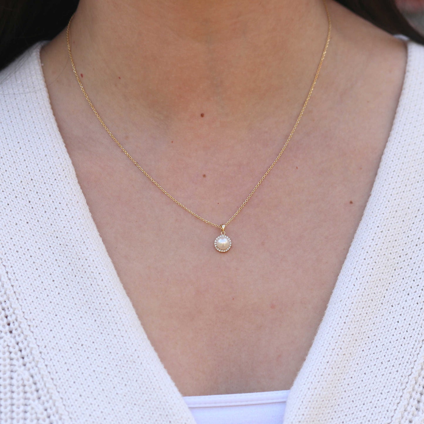 Yellow Gold Pearl & Diamond Halo Pendant