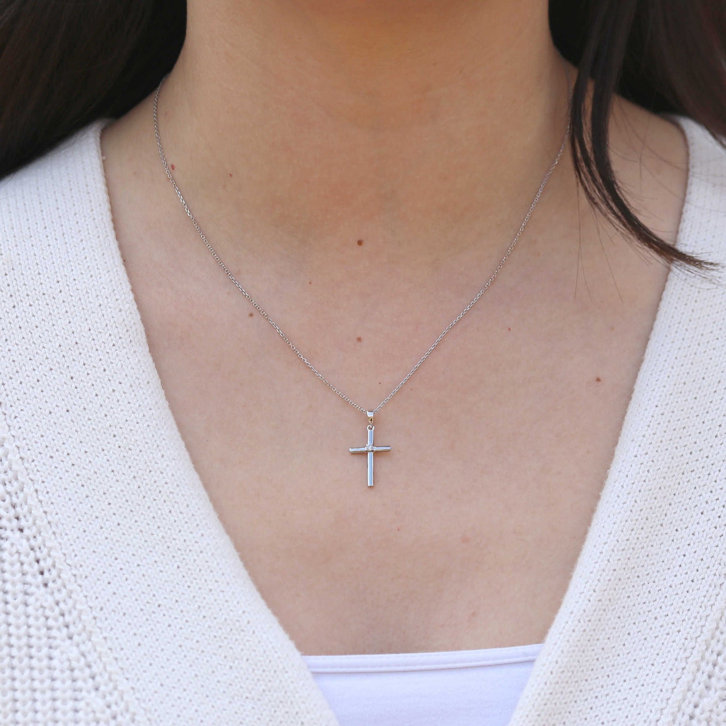 White Gold Single Diamond Cross Pendant