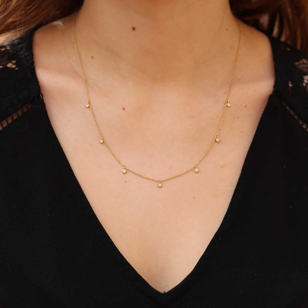 Bezel Set Dangle Diamond Milgrain Necklace